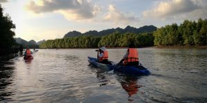 Zwei Personen in orangen Schwimmwesten paddeln in blauen Kajaks auf einem Fluss bei Laem Sak, Thailand, umgeben von grünen Mangrovenwäldern unter bewölktem Himmel